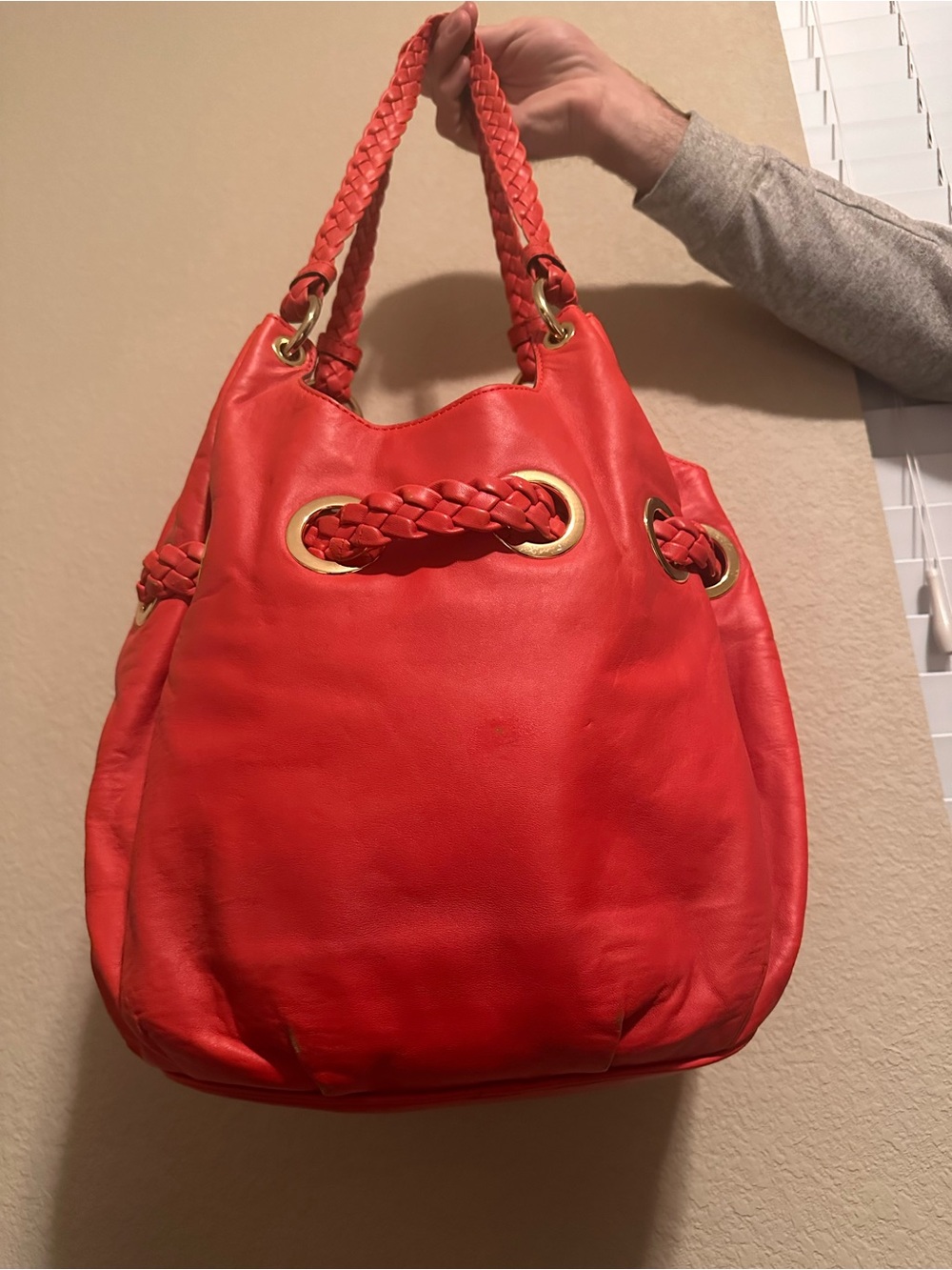 Michael Kors Coral-Red Braided Tassel Hobo Bag - Picture 2 of 4